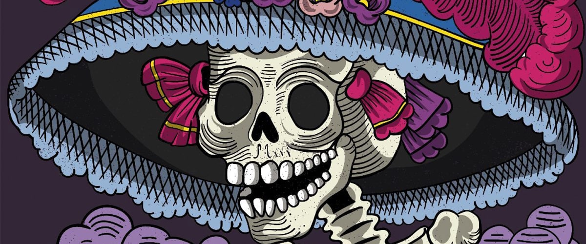 Arte popular mexicano de una calavera sonriente con sombrero y flores para el Día de Muertos.