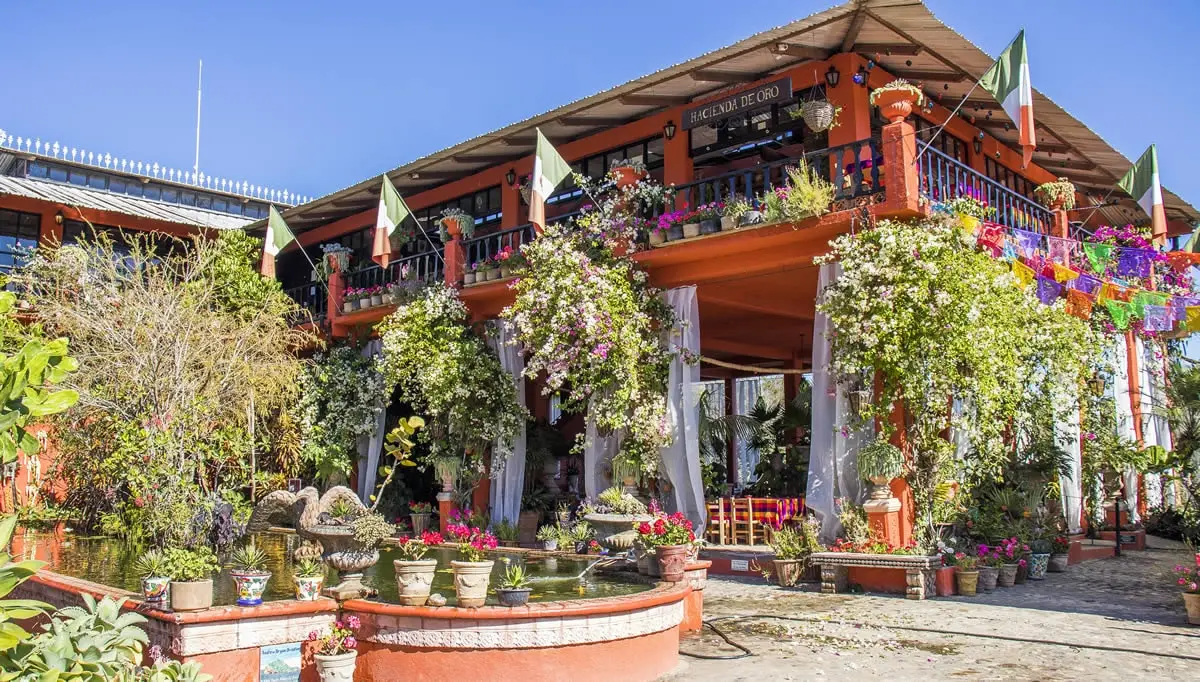 Jardín Botánico de Puerto Vallarta, edificio naranja con flores y banderas.